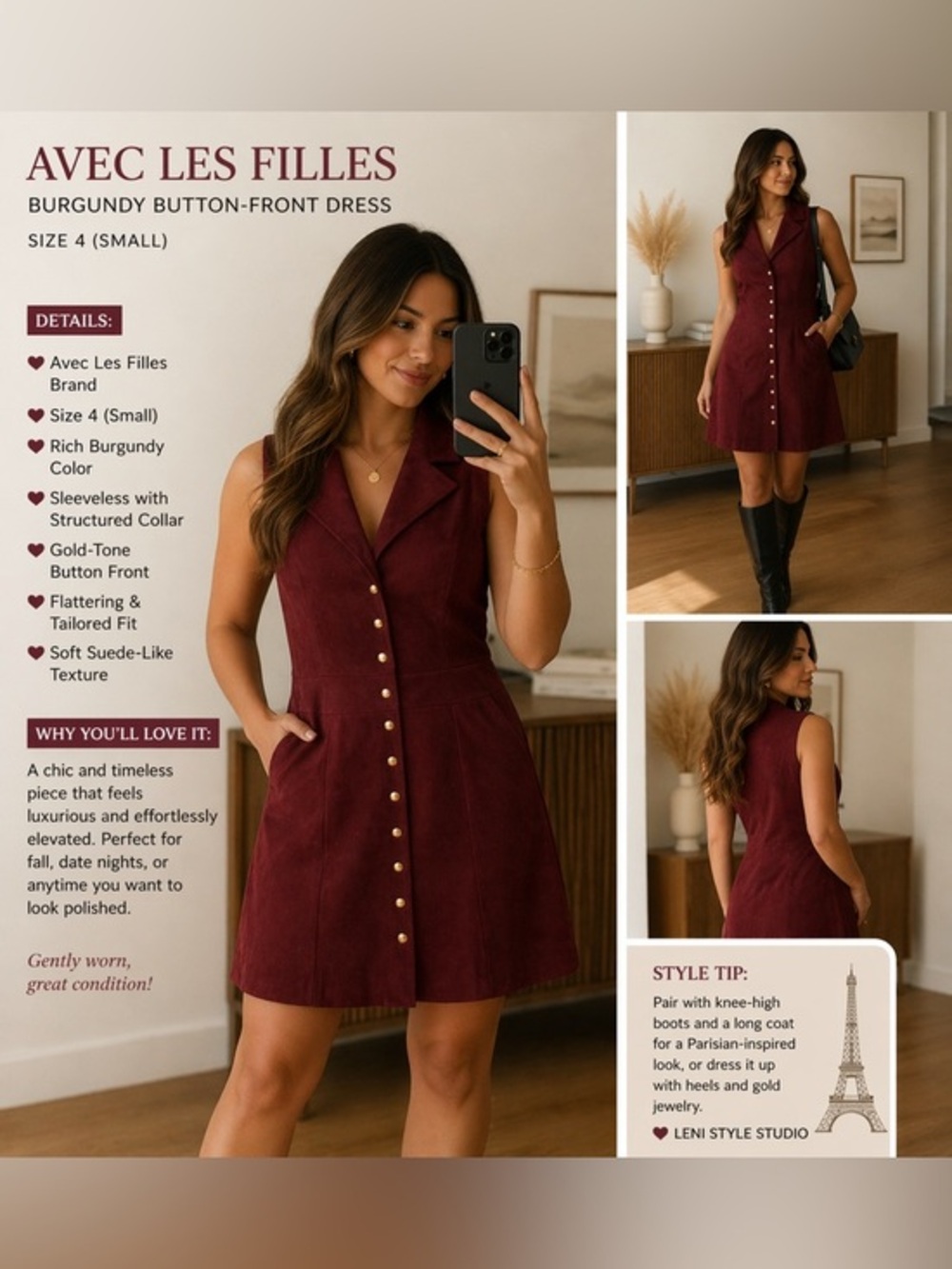 Avec Les Filles Burgundy Sleeveless Button-Front Mini Dress size 4
